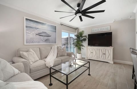 Living room featuring Queen sleeper Sofer with gel mattress. 