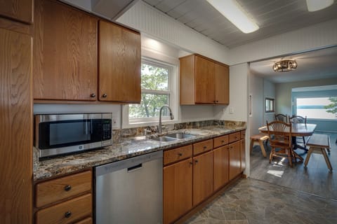 Fully stocked kitchen adjacent to the dining room area
