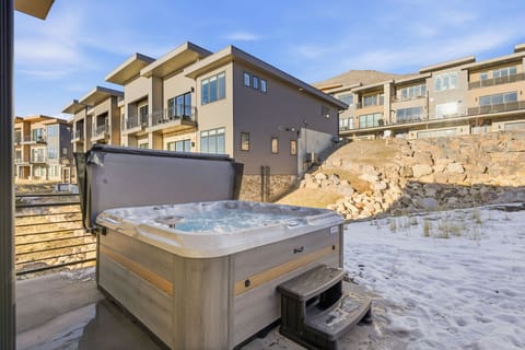 Private outdoor hot tub with mountain setting