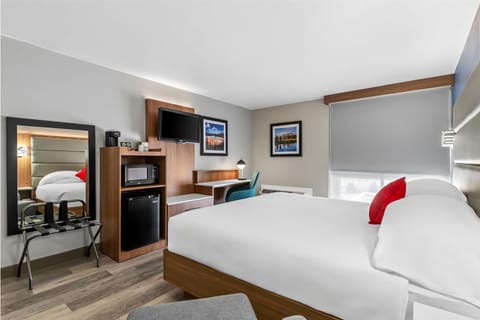 Settle in with a crisp bed, fridge, and workspace.