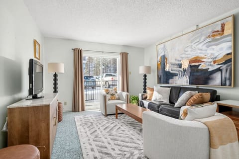 Cozy living room with sofa bed and TV.