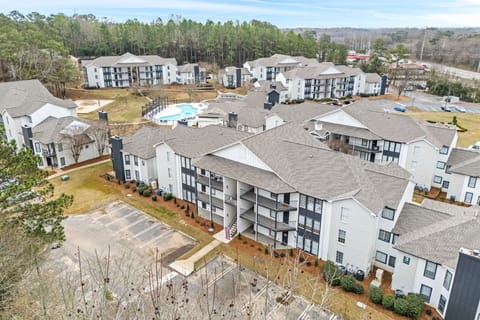 Arial of building with pool in the background
