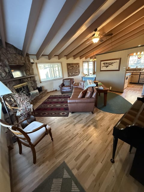 Living room with rustic charm and warm lighting