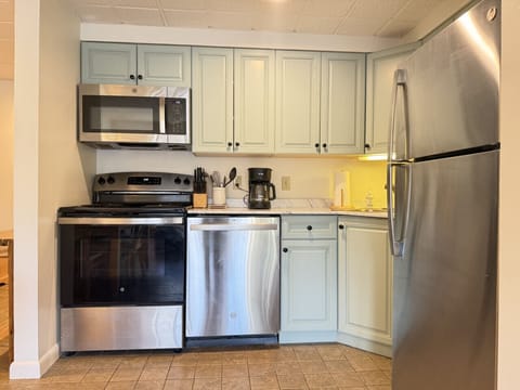 Sleek, modern kitchen with all essential appliances.