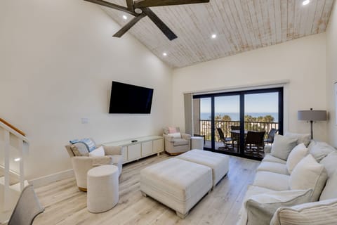 Gorgeous living room and kitchen with expansive island, new Samsung Bespoke appliances