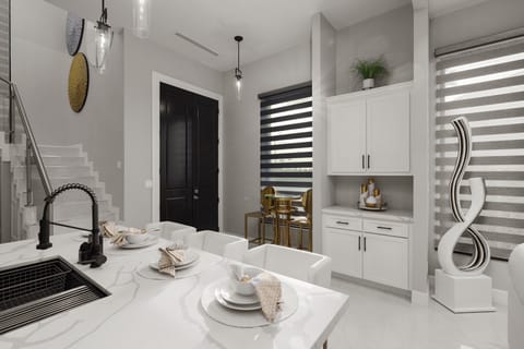 Bright, open kitchen with island seating.