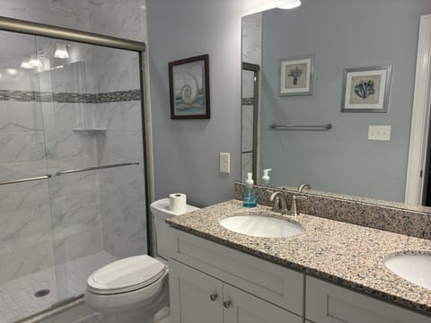 Primary bathroom with large shower & double sinks,