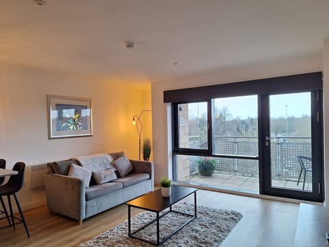 Relax in the living room with a sofa, rug, and wide doors opening to the balcony.