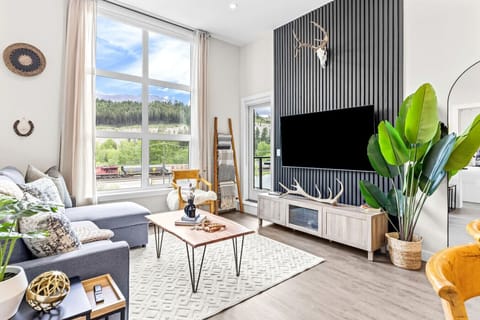 Living room with sofa bed and TV.