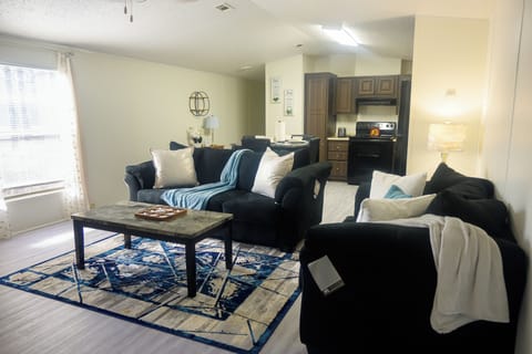 Loveseat and sofa, board games, DVD player