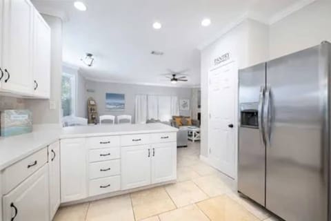 Stainless appliances and plenty a space in the well stocked kitchen