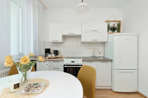 A detailed shot of the kitchenette showing the oven, stovetop, and refrigerator. The layout is practical and optimized for convenience.