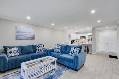 Expansive living room and renovated kitchen