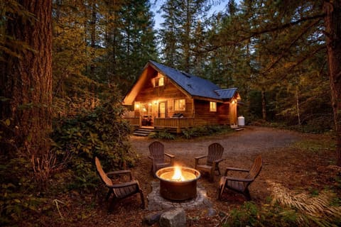 Cozy cabin retreat with a glowing firepit under towering trees