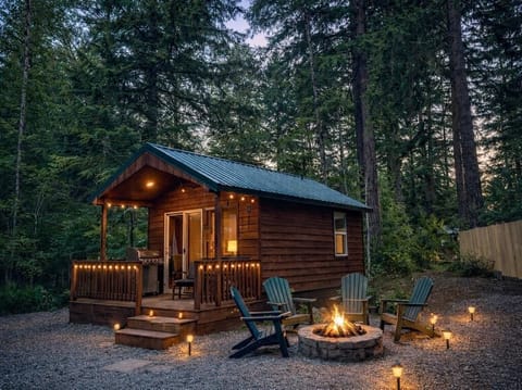 Evening glow illuminates the wood-paneled tiny cabin, with a stone firepit surrounded by four Adirondack chairs.