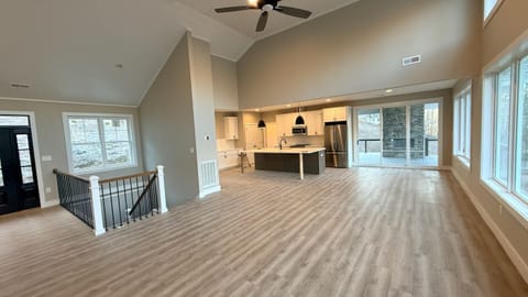 View of great room and kitchen.