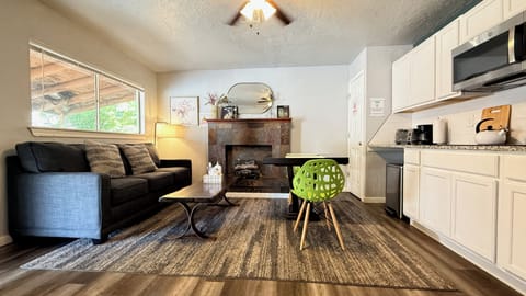 Kick back on the large sofa, dine at the table for two, or enjoy a relaxed night by the fireplace.