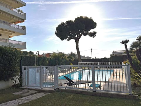 The building's pool with sunbeds