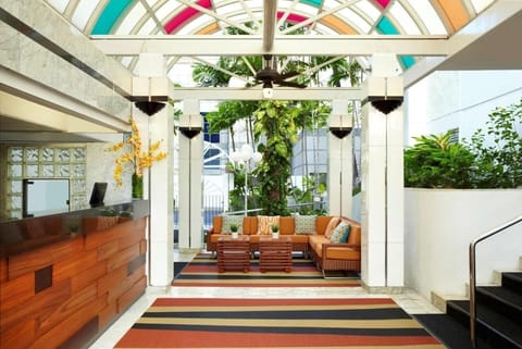 Gather under the colorful canopy for breezy, relaxed conversation