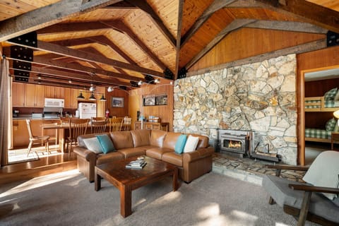 View of the plush couch and rocked in wood stove
