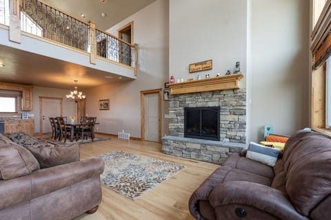 Get comfy on the main floor near the fireplace.