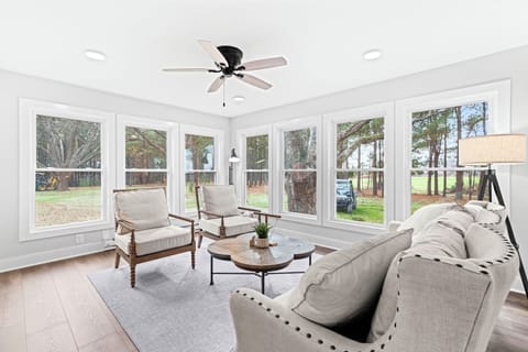 Sunroom overlooking the managed pine forest