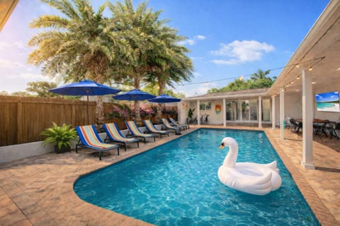 Sunny, private heated pool with ample loungers for the whole group