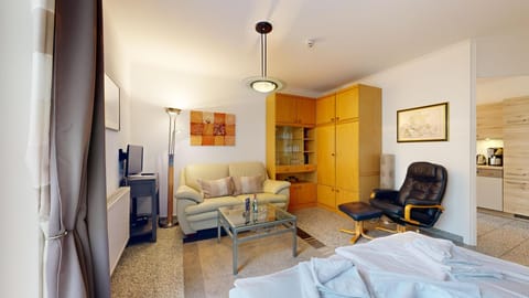 Interior view of a living room with a sofa and TV.