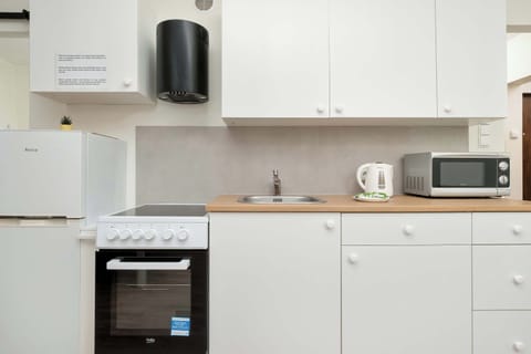 Another kitchen angle focusing on cooking appliances and countertop space. The design is simple and functional with plenty of storage.