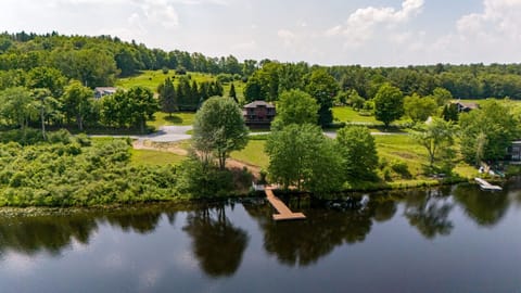 Stunning drone view of property and dock
