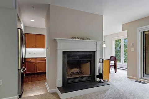 Living Room: Bright and airy space with a charming fireplace and stunning nature views!