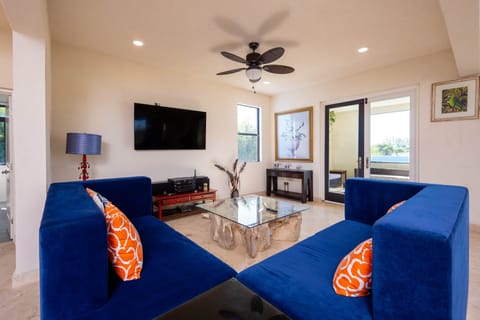 Living room with modern seating on large couches