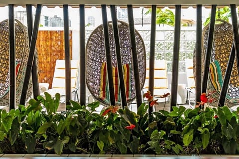 Swing gently in woven pod chairs with skyline peeks.