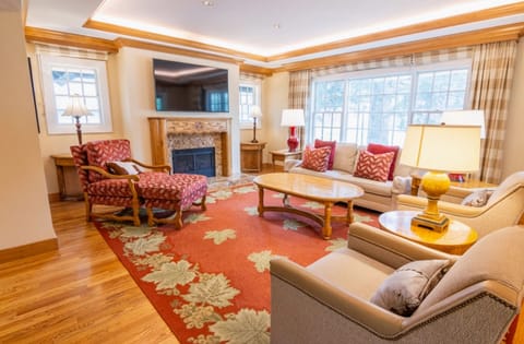 Lounge fireside beneath the TV in a cozy sitting room.