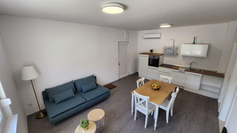 LIving area, kitchen, sofa
