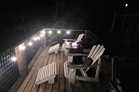 Propane fire pit on deck.