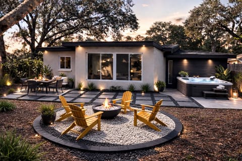Fire pit and private hot tub in back yard.
