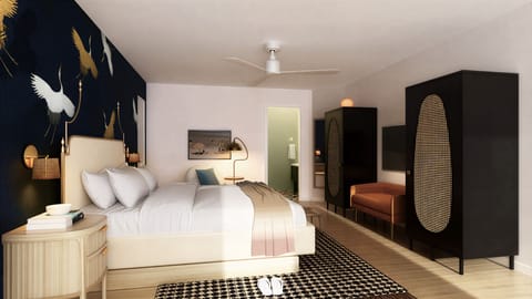 Stretch out in a spacious bedroom with chic storage and TV.