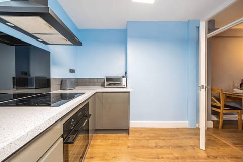 Kitchen showing the induction hob, extractor hood, and microwave on the worktop, with blue-painted walls and an open doorway leading through to the dining area.
