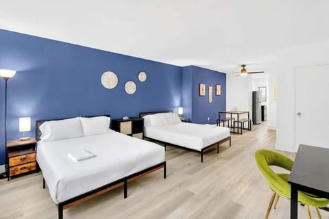 Comfortable sleeping space with an open studio layout.