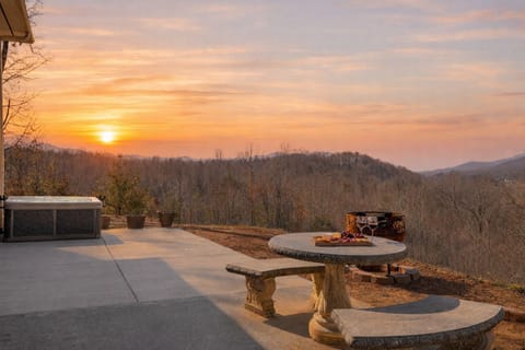 Forest-view patio with hot tub, fire pit, and picnic table for easy outdoor hangs.