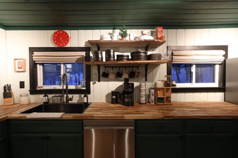 Everything you need for cooking, eating, and making the perfect cup of coffee is within reach.