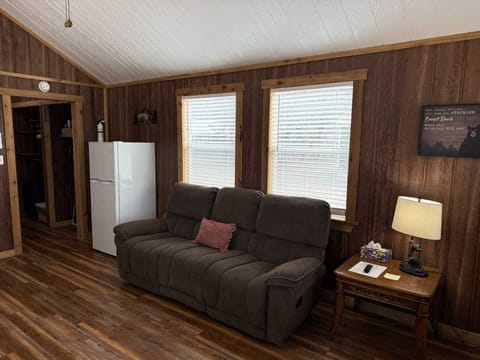 Cozy living space featuring a comfortable sofa, natural light, and rustic wood accents for that true cabin feel.