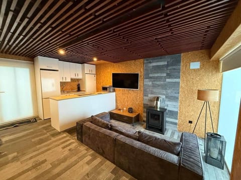 Salón diáfano con estufa de leña, techo de listones y cocina abierta