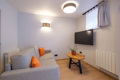 The cosy studio living area features a comfortable sofa bed, coffee table, and TV, creating a relaxing space to unwind.
