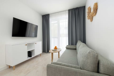 A bright living room features a comfortable grey sofa, a wooden coffee table, and a large flat-screen TV mounted above a white cabinet.