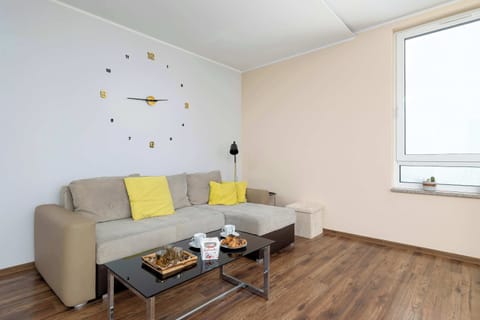 Bright living room with sofa and modern décor
