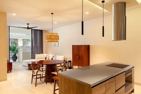 Host easy dinners in the airy open-plan living space.