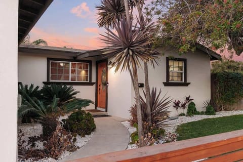 Charming bungalow front yard with mature palms and a welcoming walkway for North Park arrivals