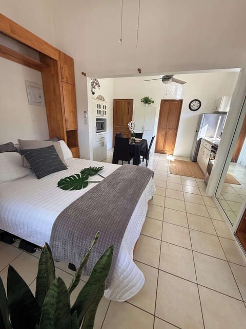Bright, airy studio just steps from the beach, featuring a full kitchen with stove, oven, refrigerator, microwave, and a dedicated eating area.